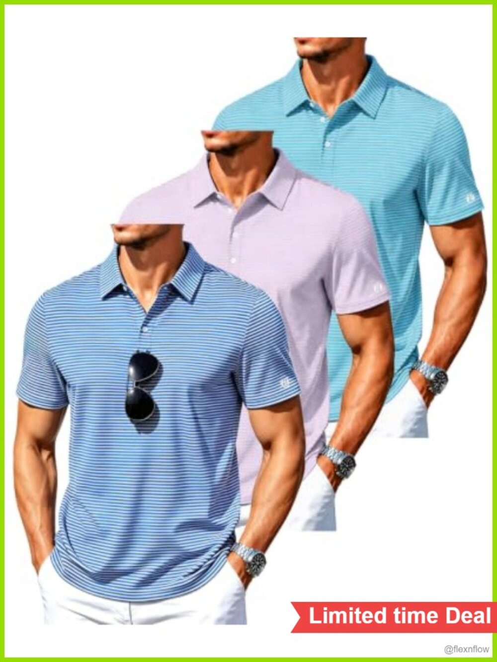 Mens Golf Polo Shirt 3 Pack Short Sleeve Performance Striped Moisture Wicking